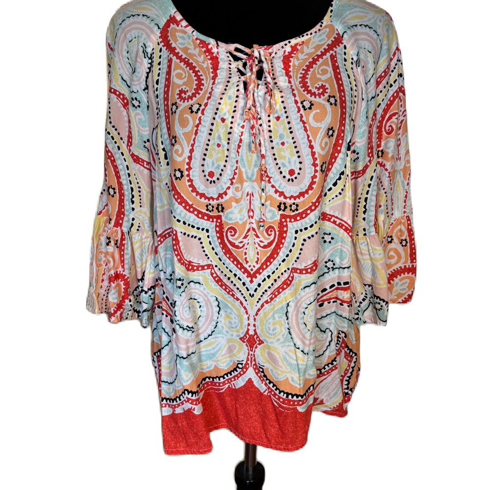 New Directions Orange and Gray Graphic Tie Front Blouse